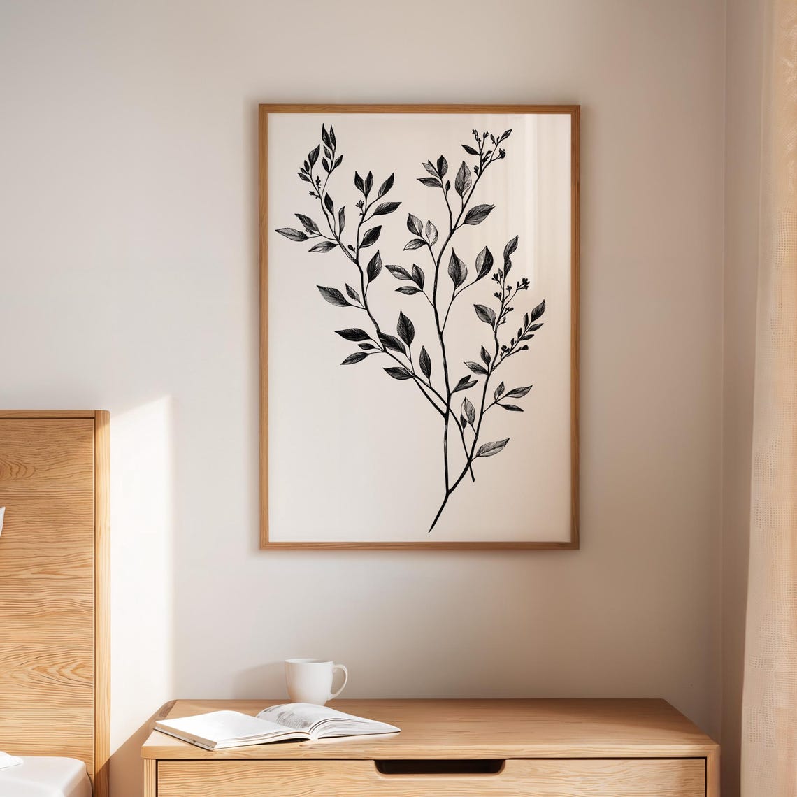 Full Botanical Leafy Branch Ink Drawing Minimalist Wall Poster