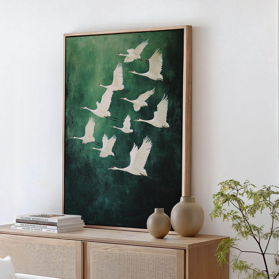 Nine White Cranes Flying On Emerald Green Textured Art Poster