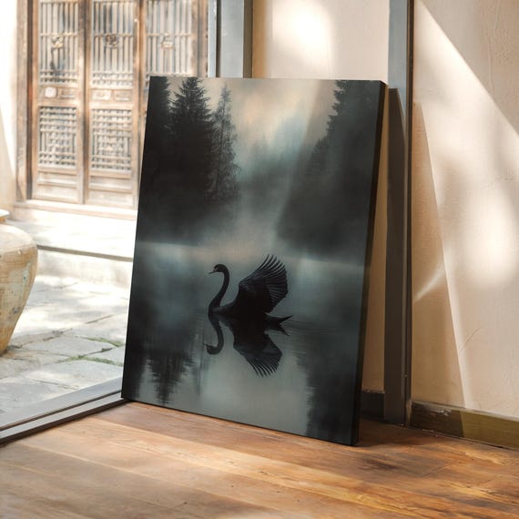 Black Swan On Misty Forest Lake Canvas Moody Nature Wall Art Elegant Bird Reflection In Foggy Water Serene Dark Print