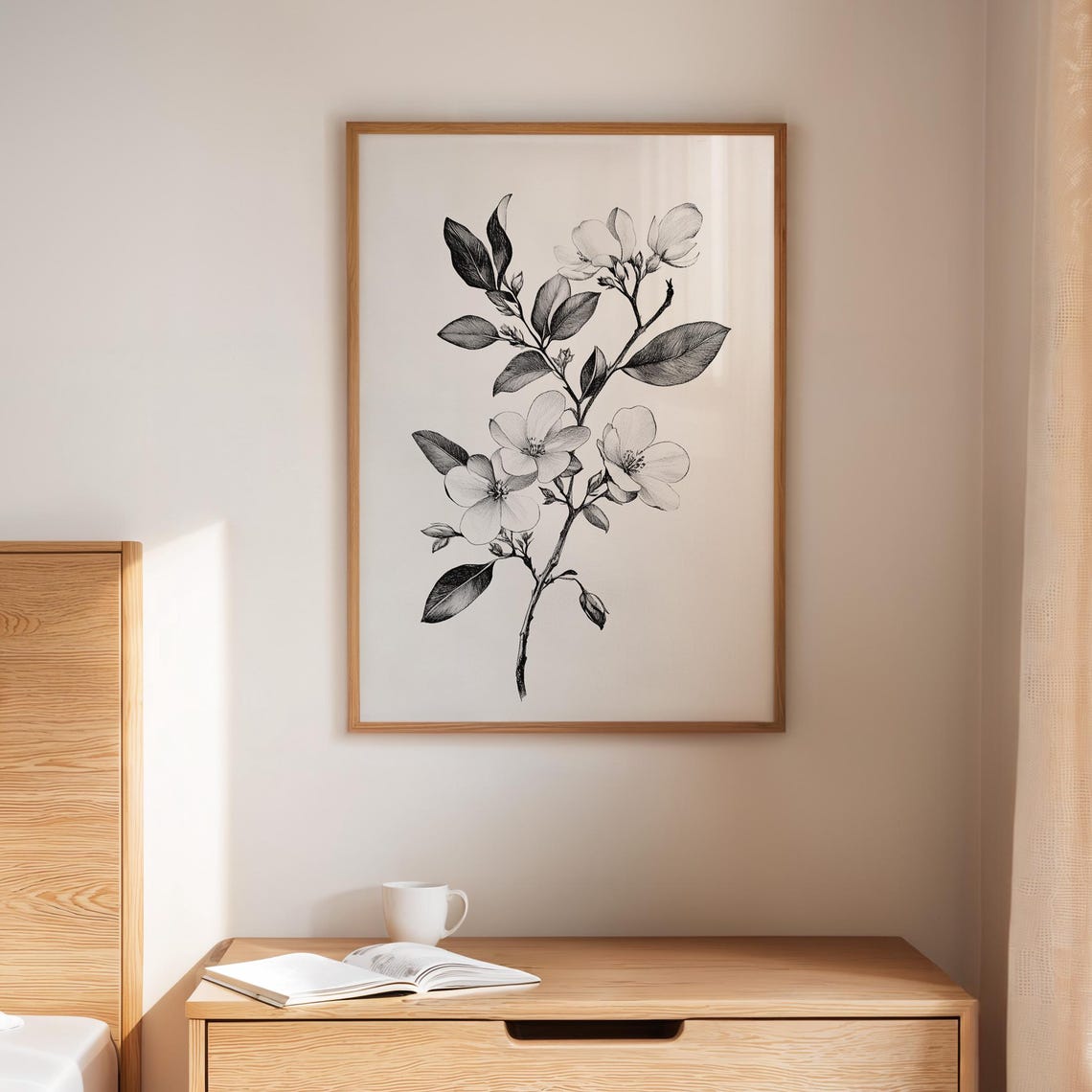 Blossoming Flower Branch Ink Drawing Botanical Framed Poster