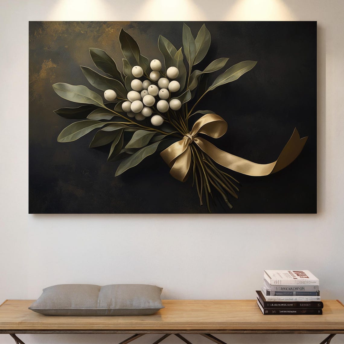 Elegant White Berry Bouquet With Golden Ribbon Botanical Print