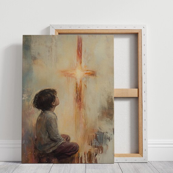 Small Child Gazing Up at a Glowing Cross in Soft Light Poster