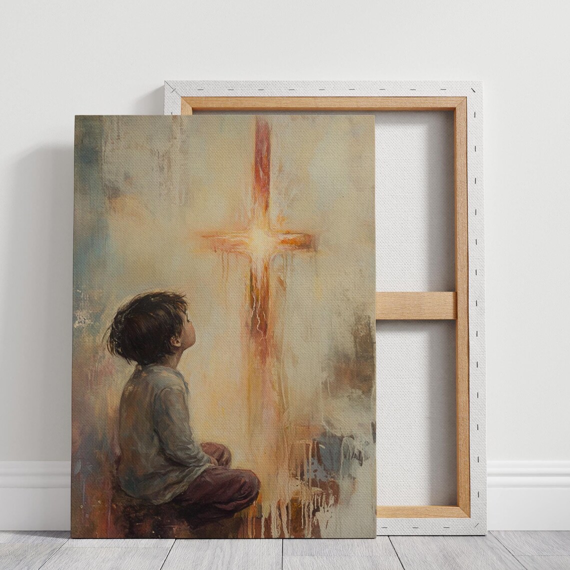 Small Child Gazing Up at a Glowing Cross in Soft Light Poster