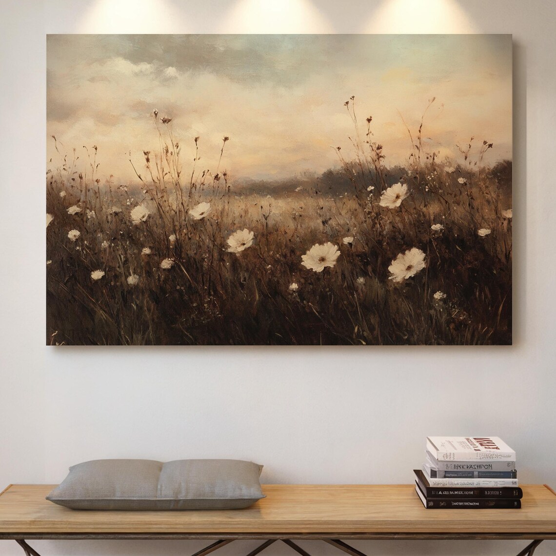 Sunset Meadow Wildflower Blossoms Panoramic Landscape Art Poster