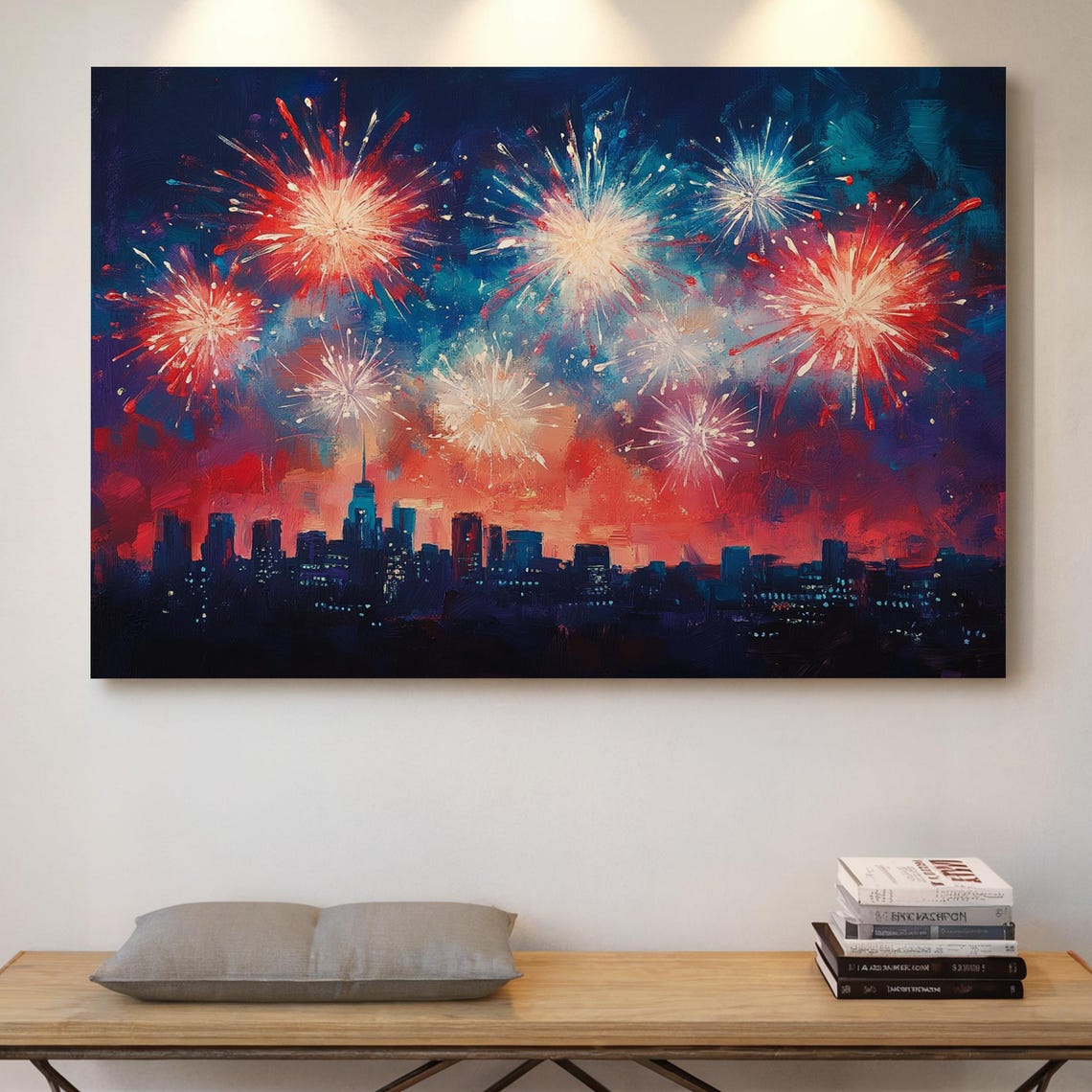Red White And Blue Fireworks Over Night City Skyline Art Poster