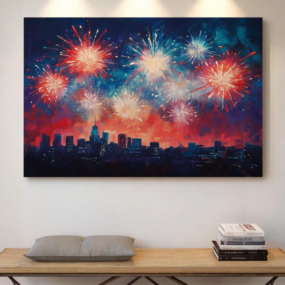 City Skyline Canvas Wall Art With Fireworks Display Vibrant Night Sky Painting Print Red White Blue Abstract Urban Home Decor