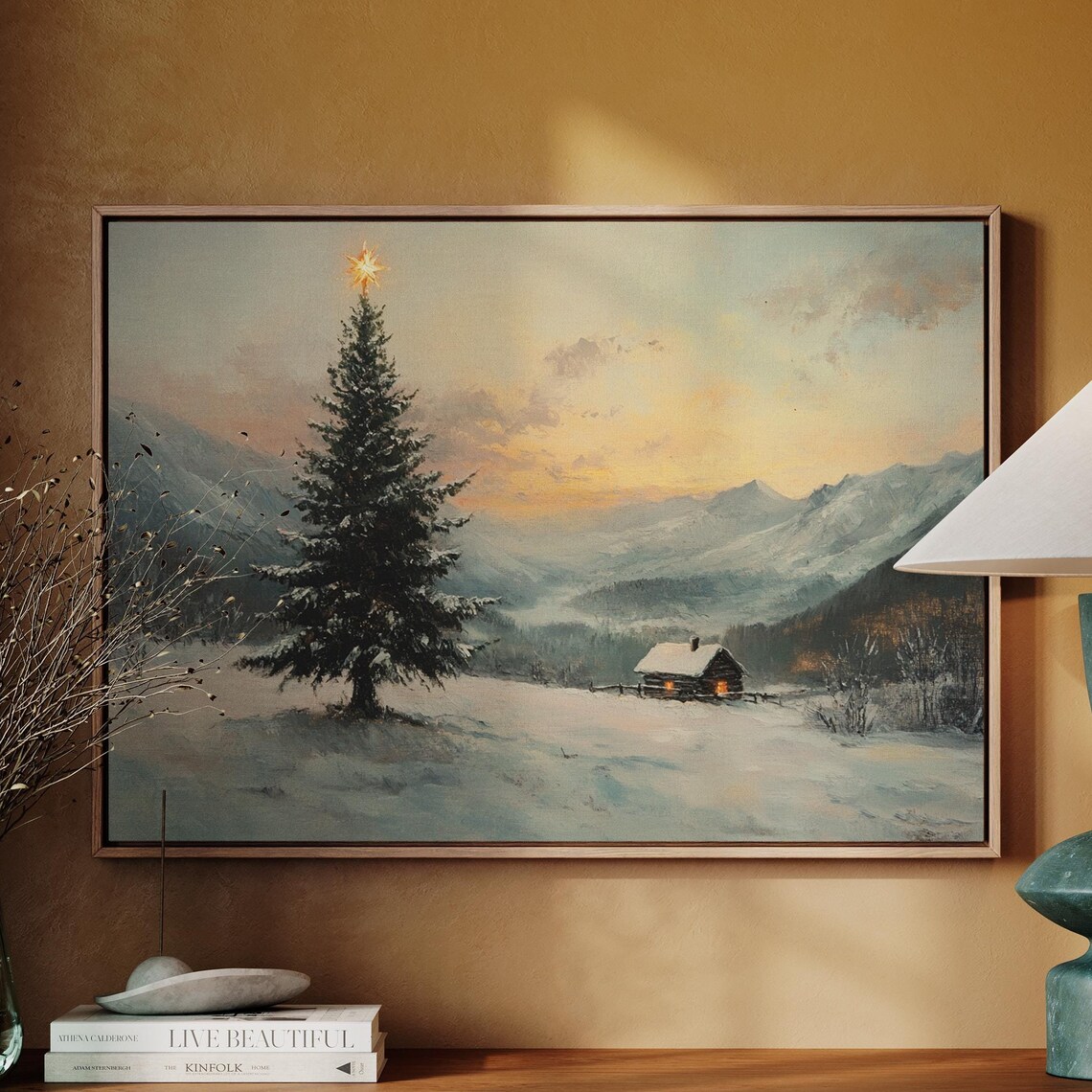 Tall Snowy Christmas Tree With Star Mountain Cabin Winter Poster