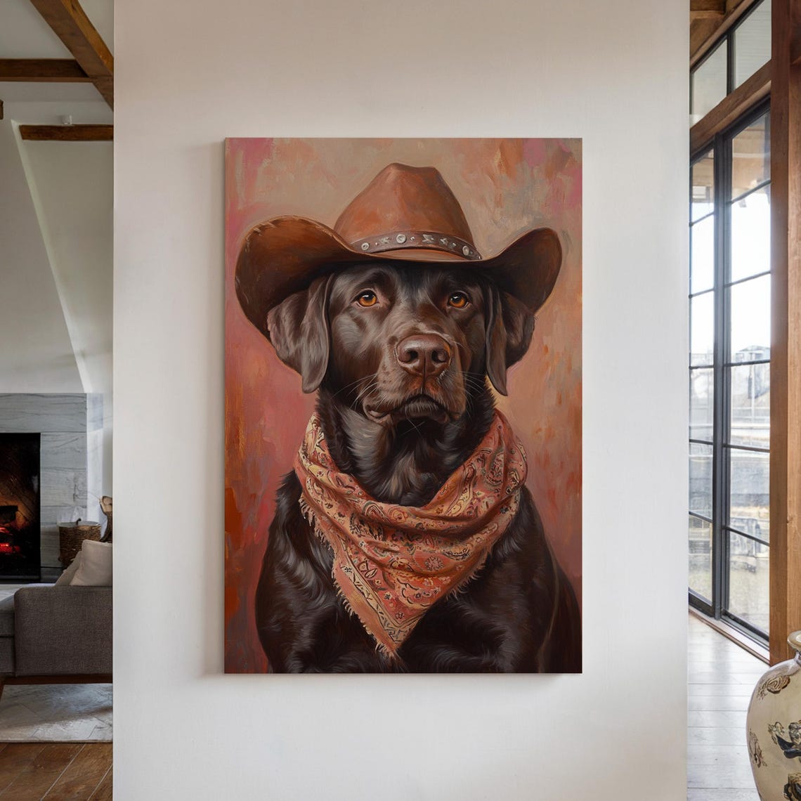 Chocolate Lab Cowboy Hat And Bandana Western Dog Portrait Poster