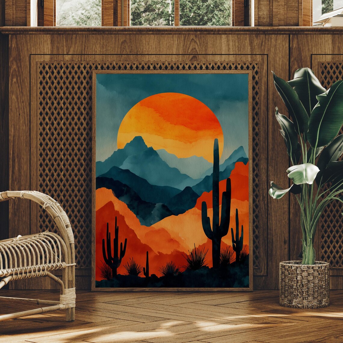 Saguaro Cactus Silhouette Teal Sunset Mountain Desert Poster