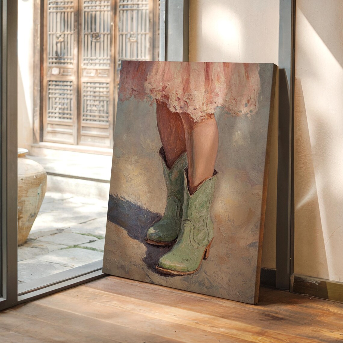 Little Cowgirl Green Boots Pink Dress Western Style Painting Poster
