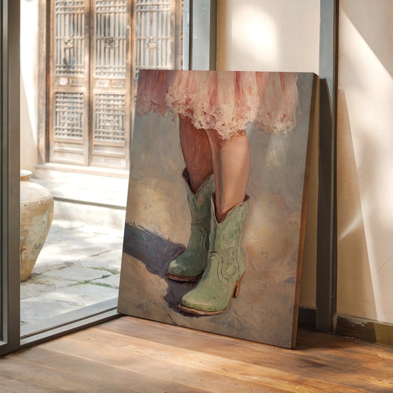 Little Cowgirl Art Charming Green Cowboy Boots And Pink Dress Western Country Wall Decor For Rustic Or Farmhouse Homes