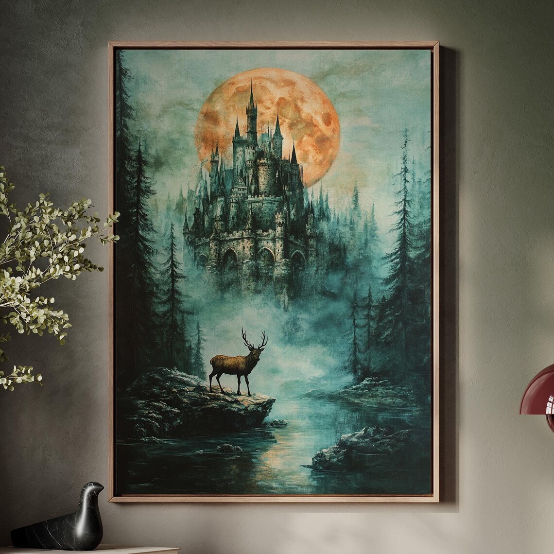 Enchanted Castle and Stag, Mystical Forest Landscape
