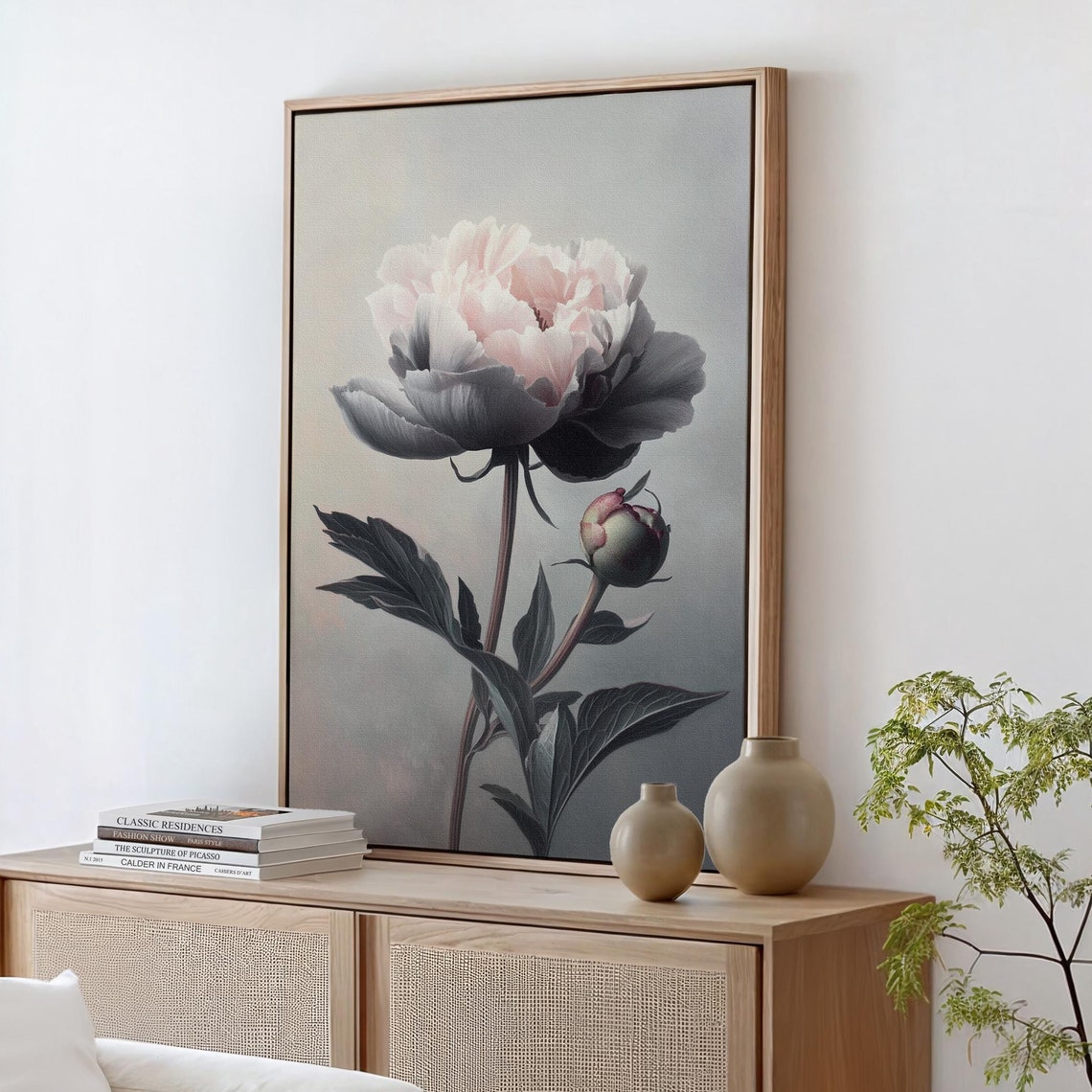 Blush Pink Peony With Dark Petals Elegant Vintage Botanical Art Poster