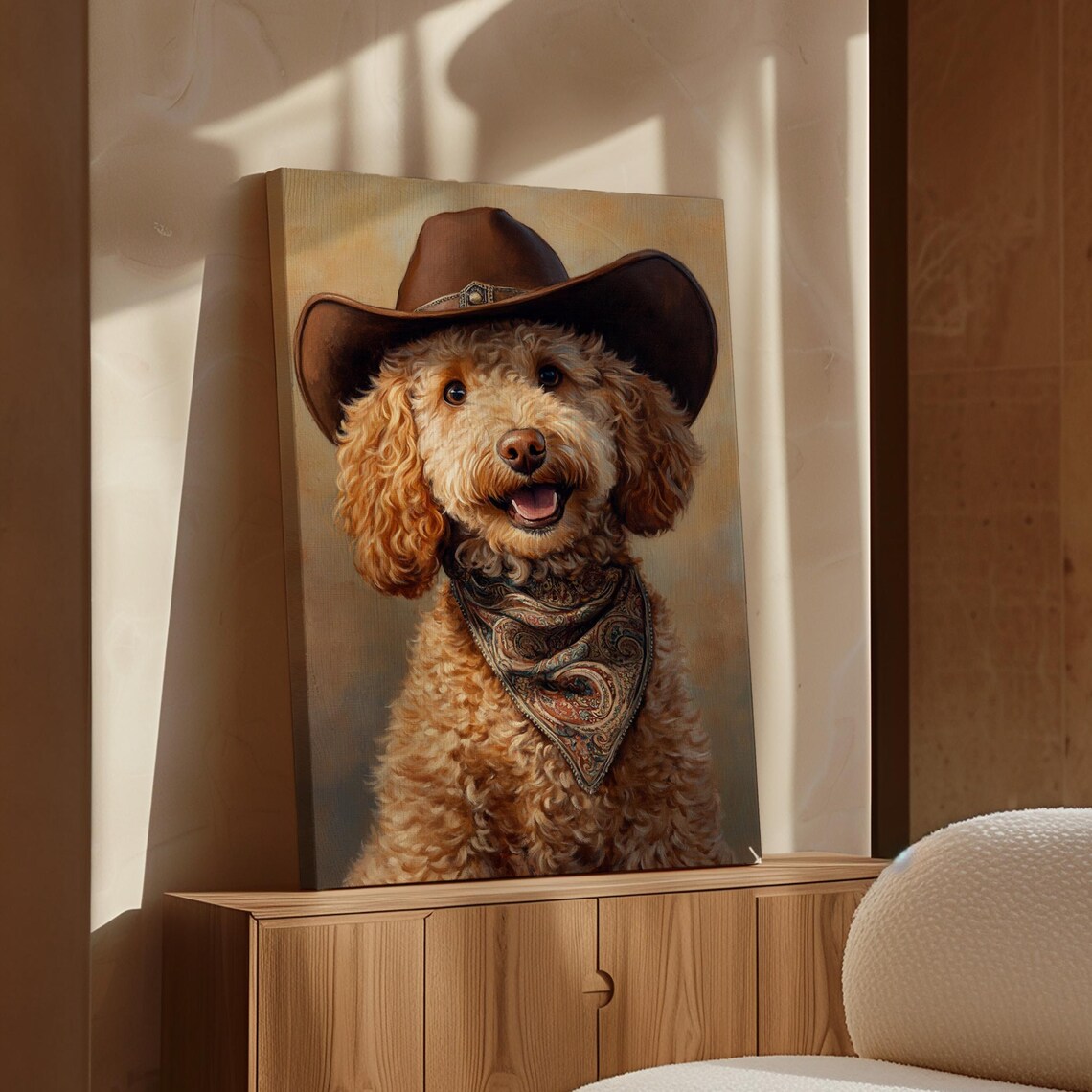 Cheerful Goldendoodle Puppy in Cowboy Hat and Bandana Poster
