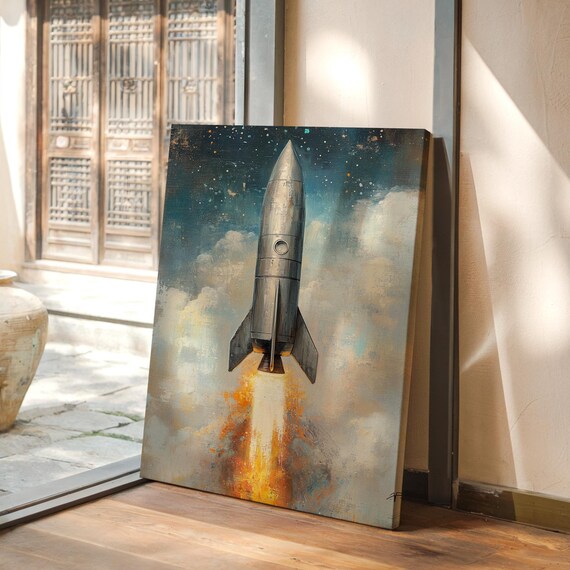 Vintage Retro Rocket Launch Mid Century Space Exploration Poster
