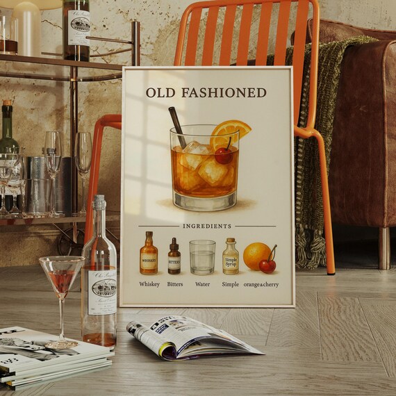 Old Fashioned Cocktail Recipe Poster Vintage Whiskey Bar Art With Ingredients