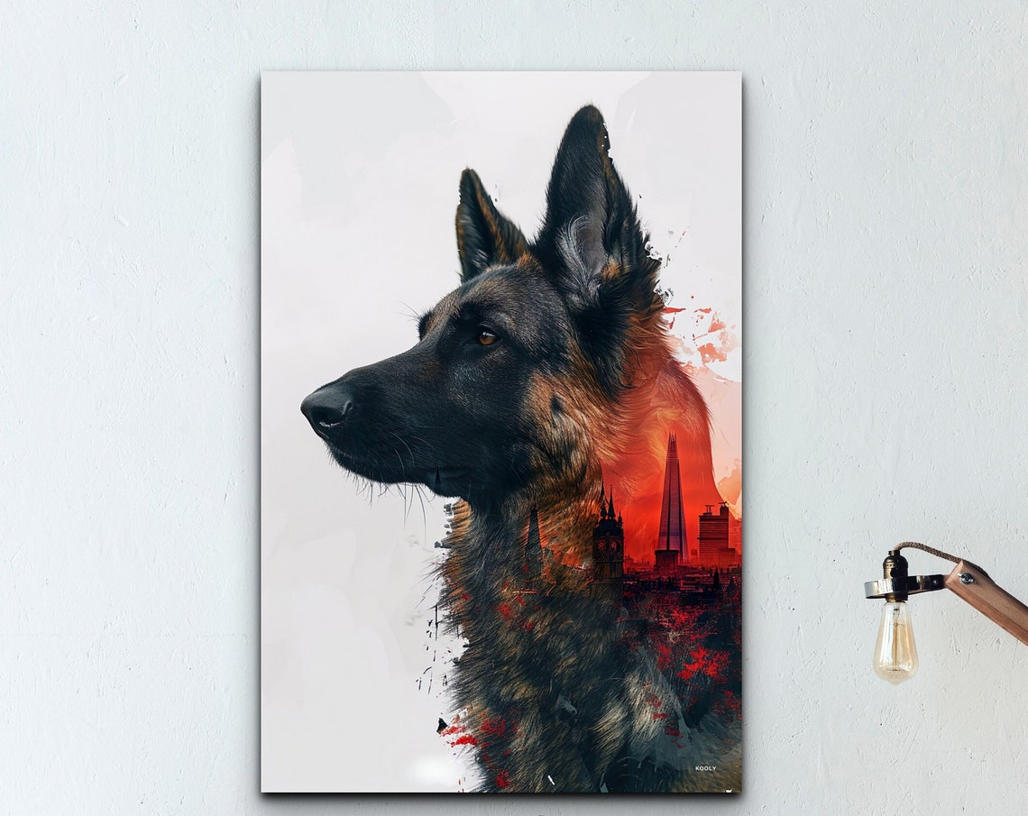 German Shepherd Double Exposure London Skyline Dog Portrait Wall Art