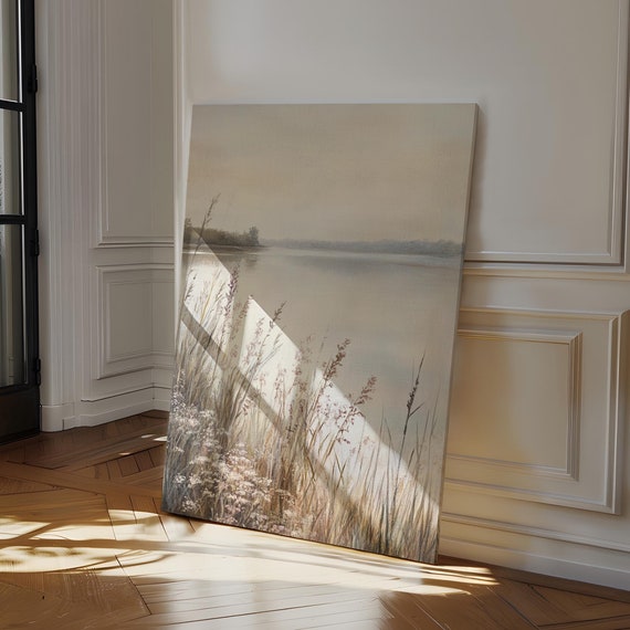 Minimalist Lake Landscape Canvas Neutral Nature Wall Art Tranquil Water Scene Soft Pastel Tones Rustic Farmhouse Decor