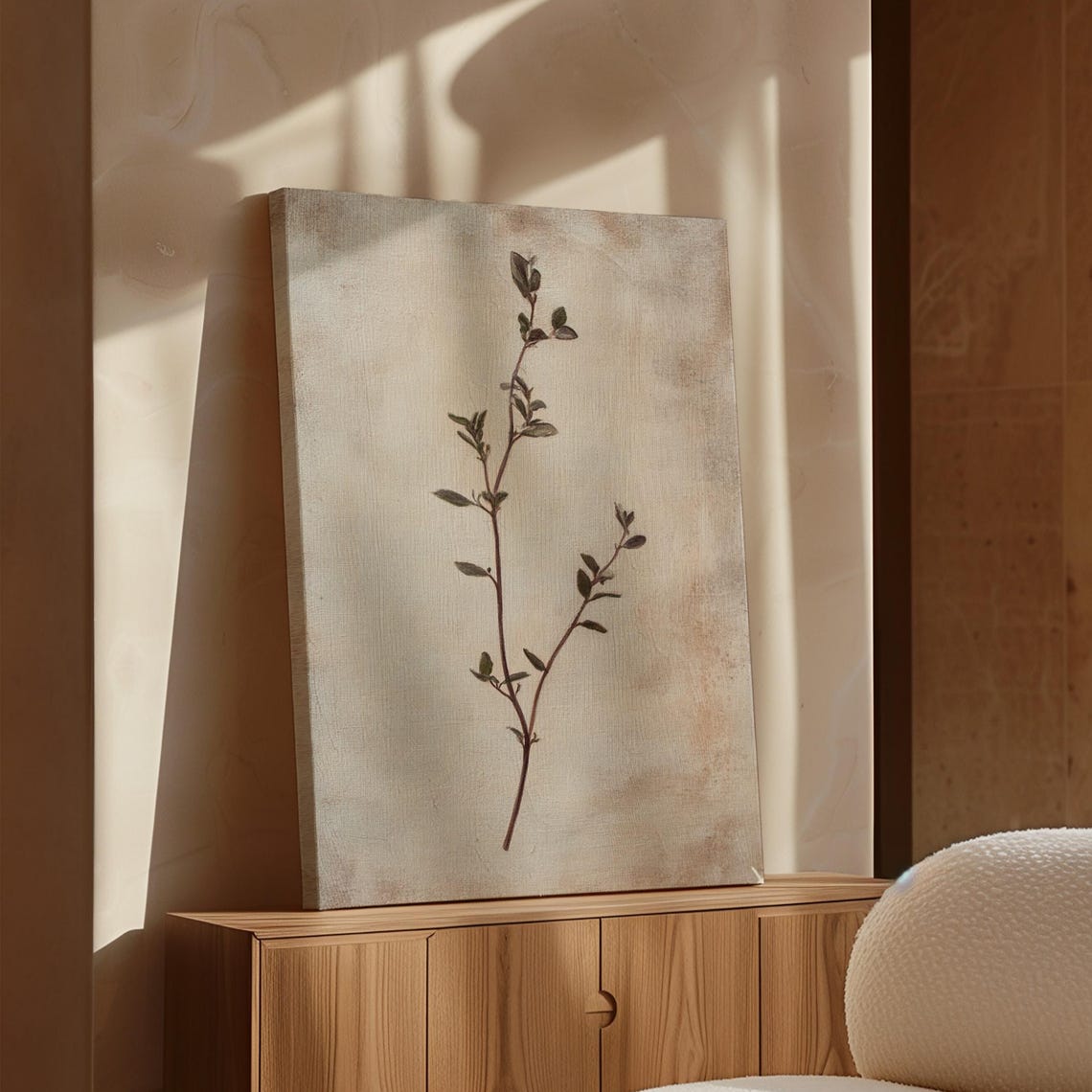 Delicate Leafy Branch on Textured Canvas Minimalist Botanical Poster