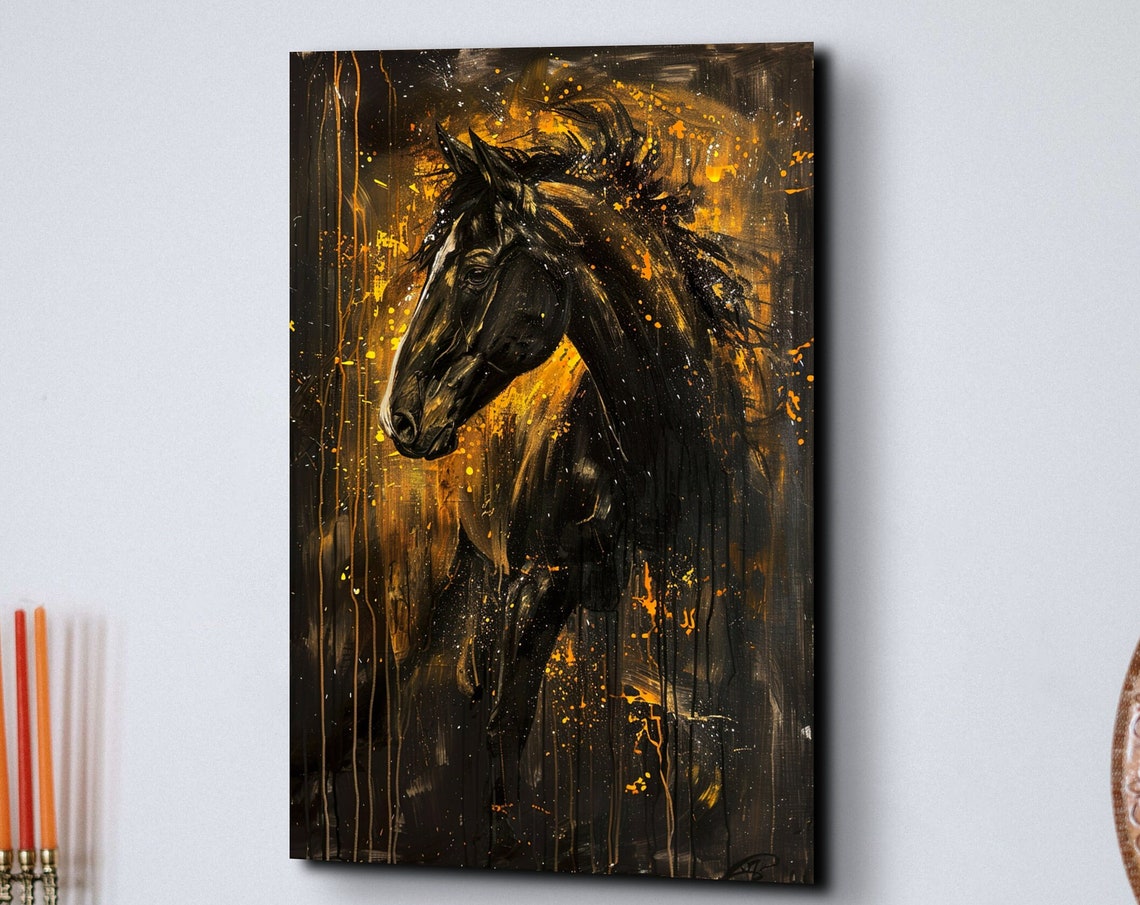 Black Horse Portrait in Golden Flame Paint Drip Equestrian Poster