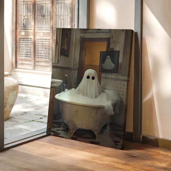 Whimsical Ghost in Vintage Bubble Bath Old Bathroom Halloween Wall Poster