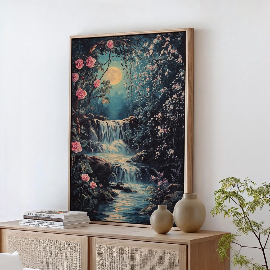 Moonlit Waterfall With Roses Romantic Floral Night Scene Art Poster