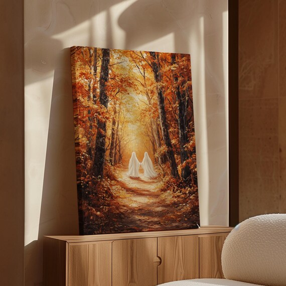 Two Ghosts Autumn Forest Path Spooky Golden Halloween Fall Poster