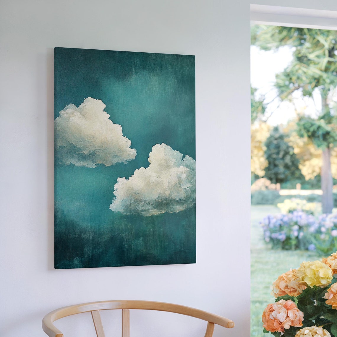 Minimalist Cloudscape Two White Clouds Deep Teal Sky Scene Poster - Image 7