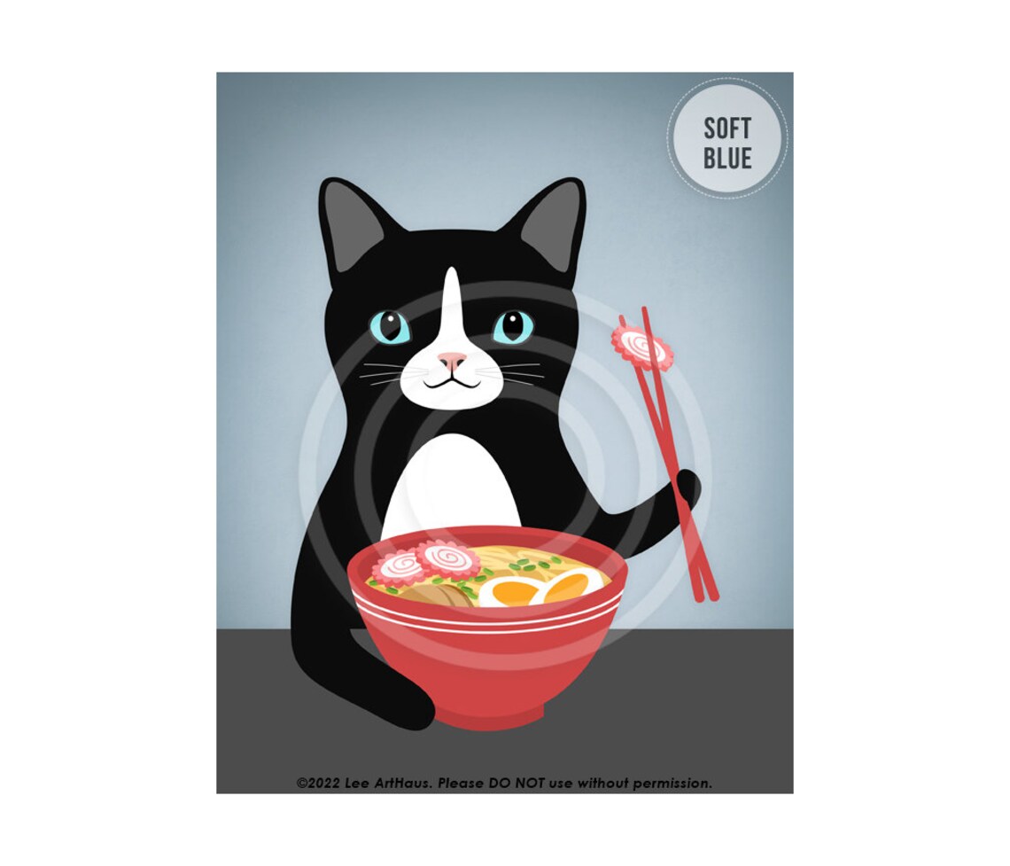 Black And White Cat Eating Ramen Bowl Cute Kitty Lover Kitchen Wall Poster - Image 7