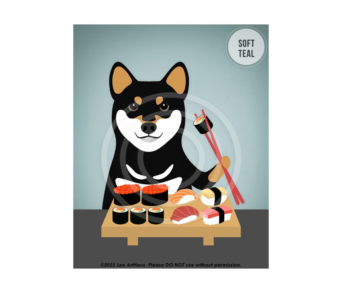 Black And Tan Shiba Inu Eating Sushi Platter Funny Dog Wall Art Poster - Image 4