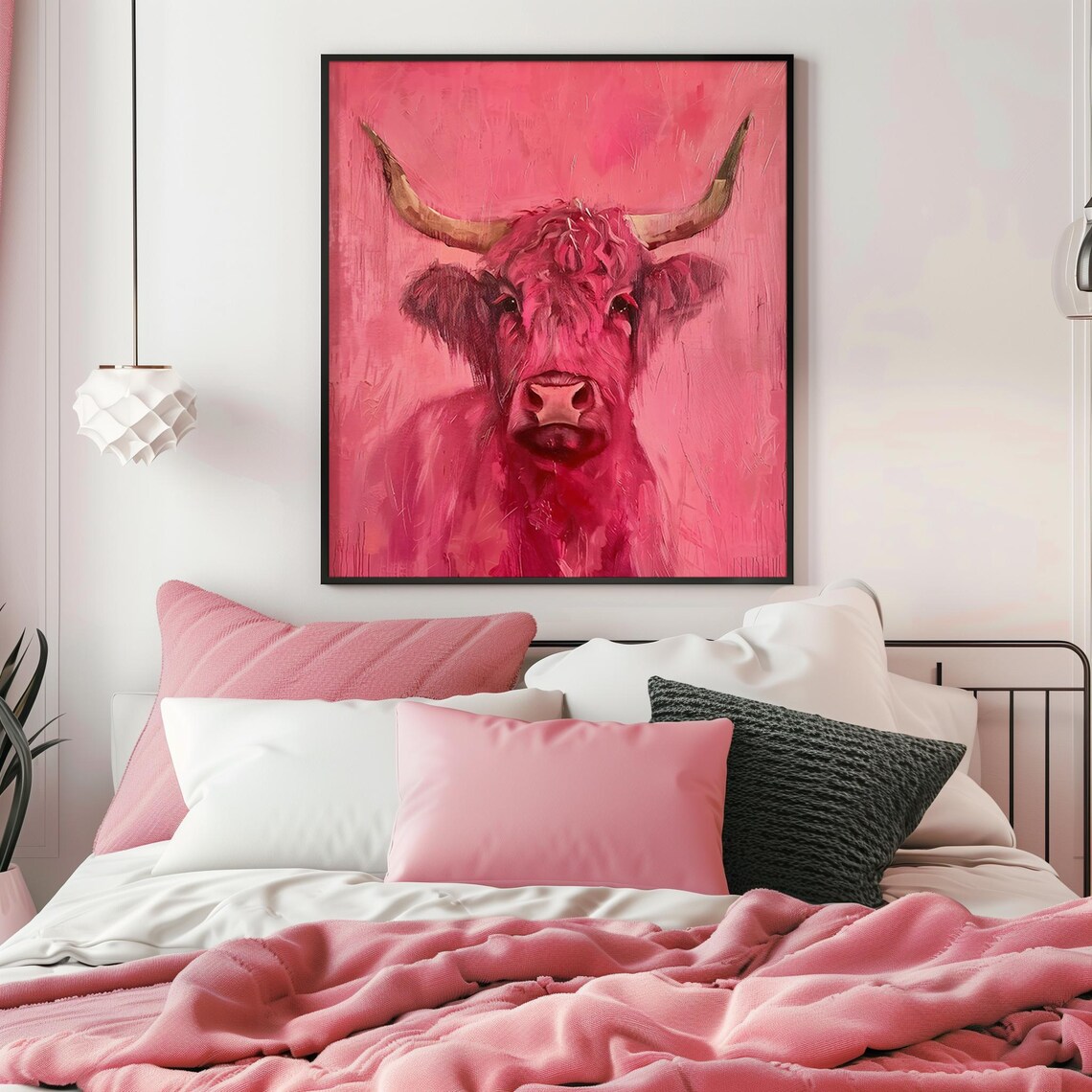 Pink Highland Cow Portrait in Hot Pink Painterly Oil Painting Poster - Image 2