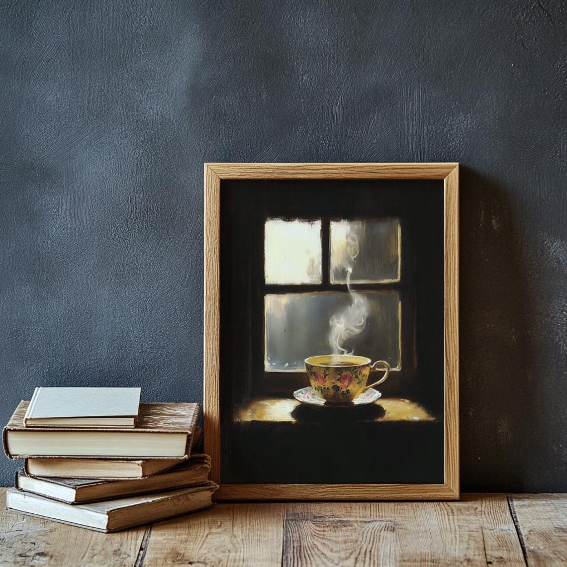 Steaming Teacup On Windowsill Dark Academia Kitchen Scene Poster - Image 3