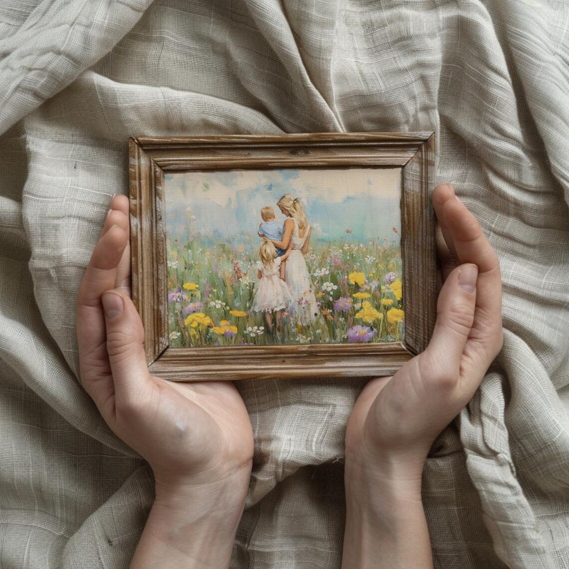 Mom Embracing Children In Blooming Wildflower Meadow Vintage Poster - Image 3