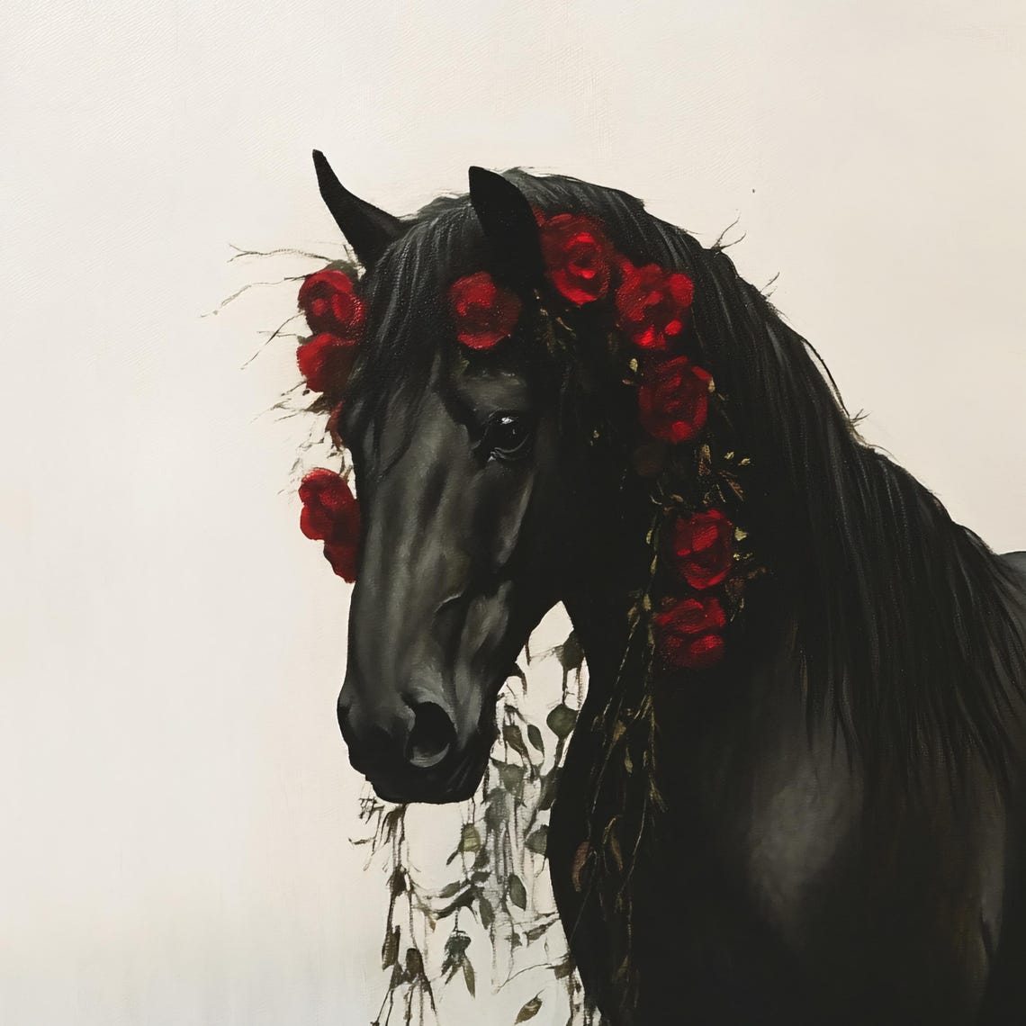 Black Horse Adorned With Red Roses Standing In Misty Water Poster - Image 2