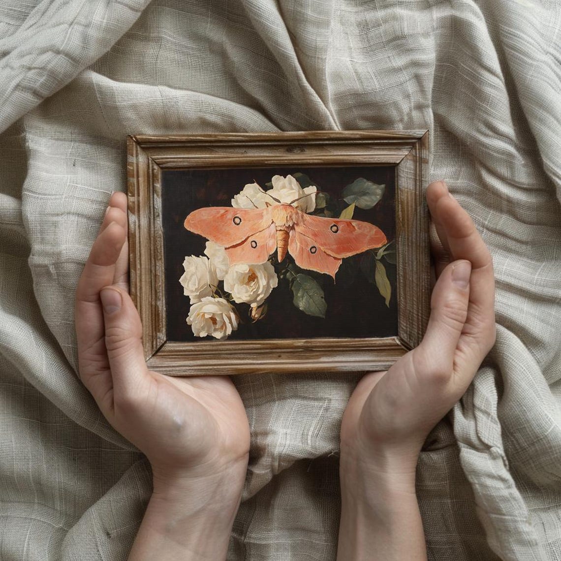 Pink Silk Moth on White Roses Dark Botanical Vintage Art Poster - Image 2