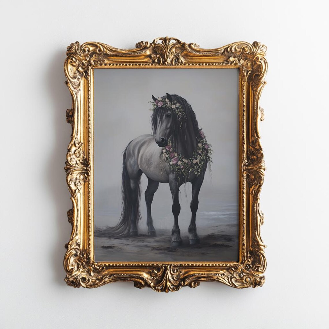 Black Horse with Floral Crown in Misty Field Portrait Poster - Image 3