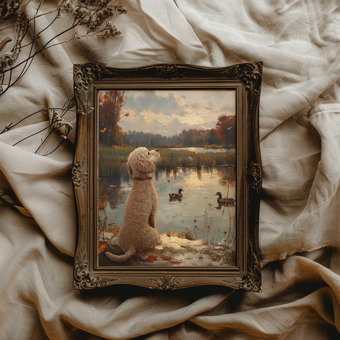 Cream Poodle Watching Ducks On Sunset Pond Autumn Landscape Poster - Image 3