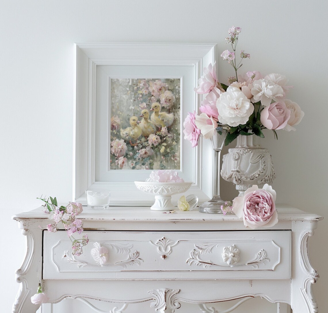 Three Fluffy Ducklings Nestled Among Pink Roses Vintage Print - Image 2