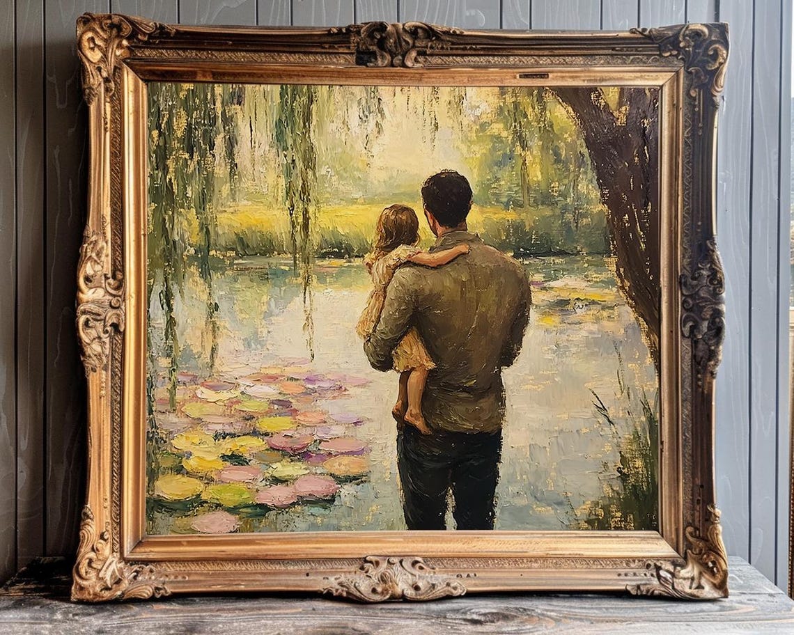Father Holding Daughter by the Lily Pond Willow Trees Poster - Image 2