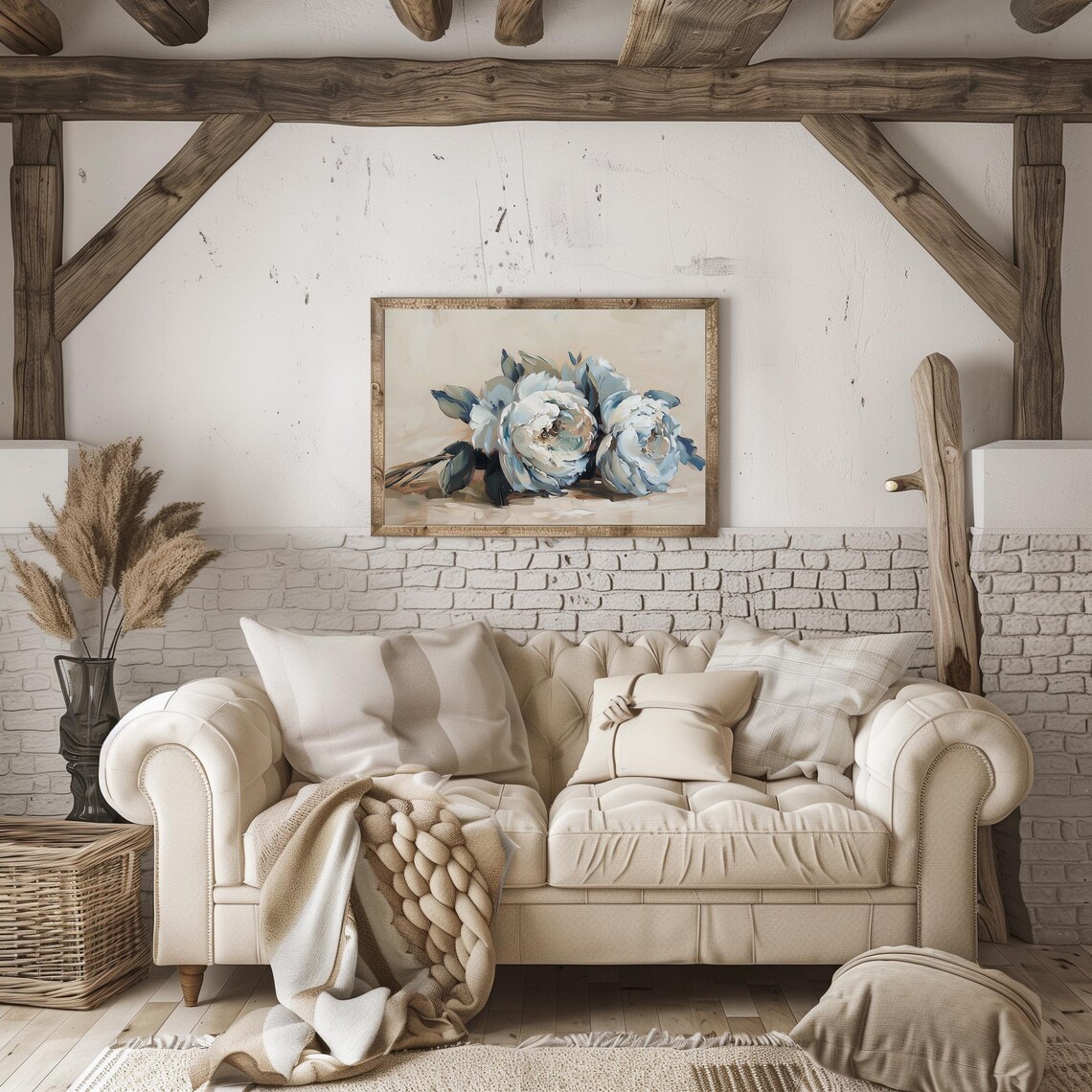 Blue Peony Bouquet Soft Neutral Floral Oil Painting Art Poster - Image 2