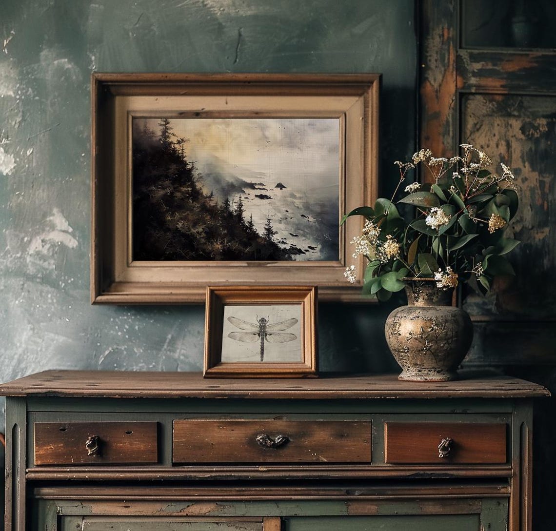 Moody Foggy Coastline with Pine Cliffs and Distant Seabirds Poster - Image 4