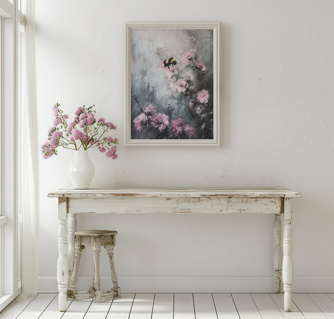 Bumblebee On Soft Pink Blossoms Against Moody Grey Floral Print - Image 2
