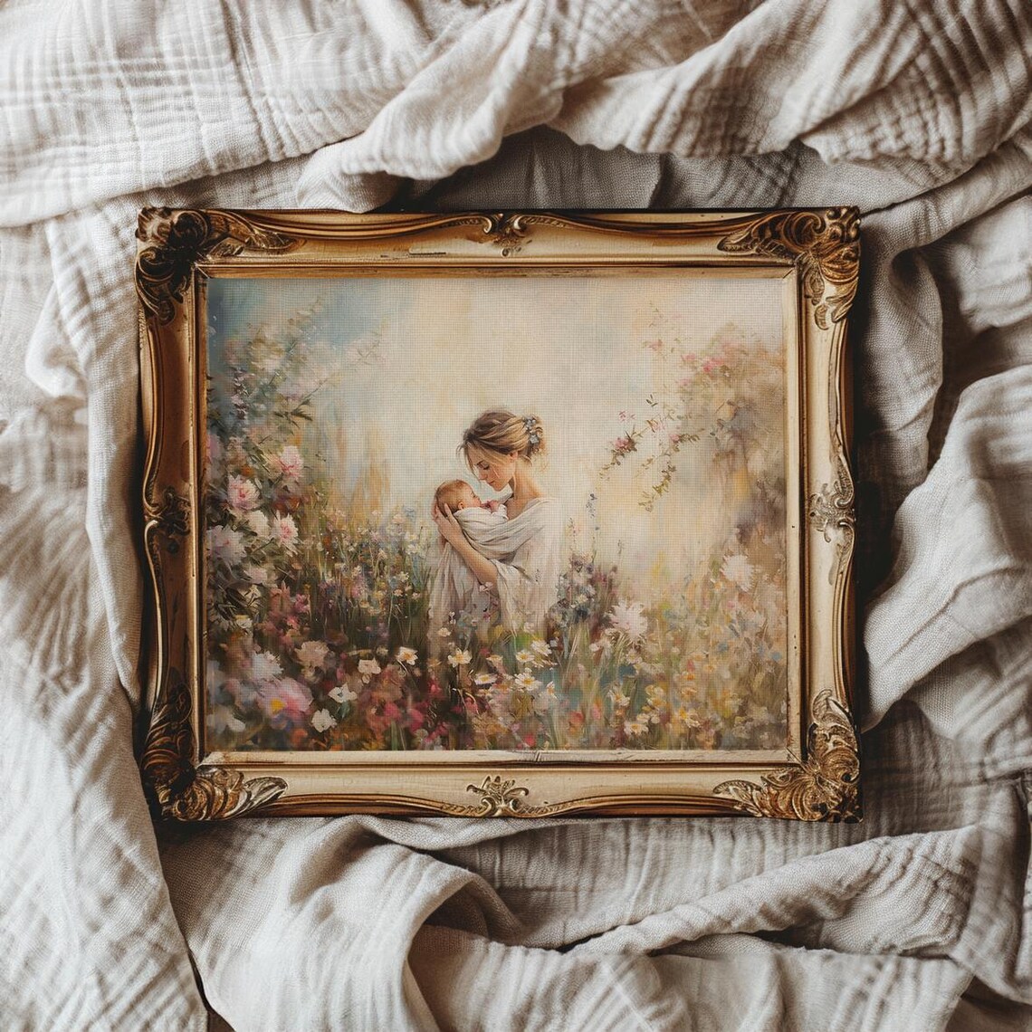 Mother Cradling Her Baby in a Blooming Wildflower Garden Poster - Image 3
