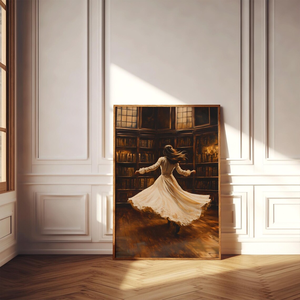 Woman in a Flowing White Dress Twirling in a Dark Library Poster - Image 3
