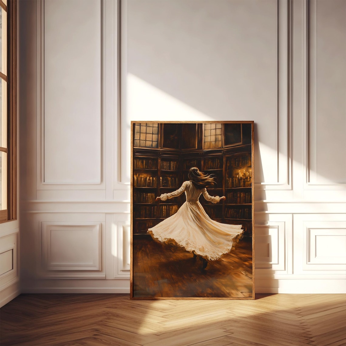 Woman in White Dress Dancing in Grand Candlelit Library Poster - Image 2