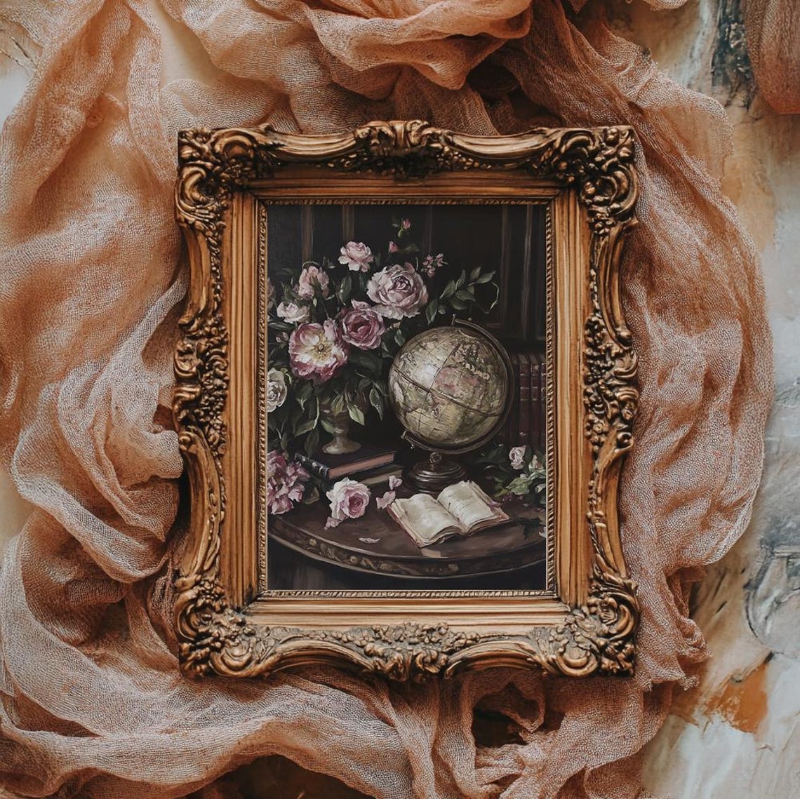 Vintage Globe With Pink Roses And Open Book Dark Academia Poster - Image 4