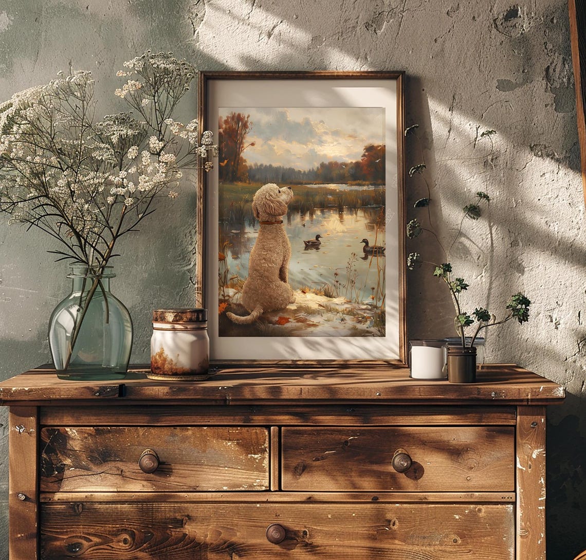 Cream Poodle Watching Ducks On Sunset Pond Autumn Landscape Poster - Image 2
