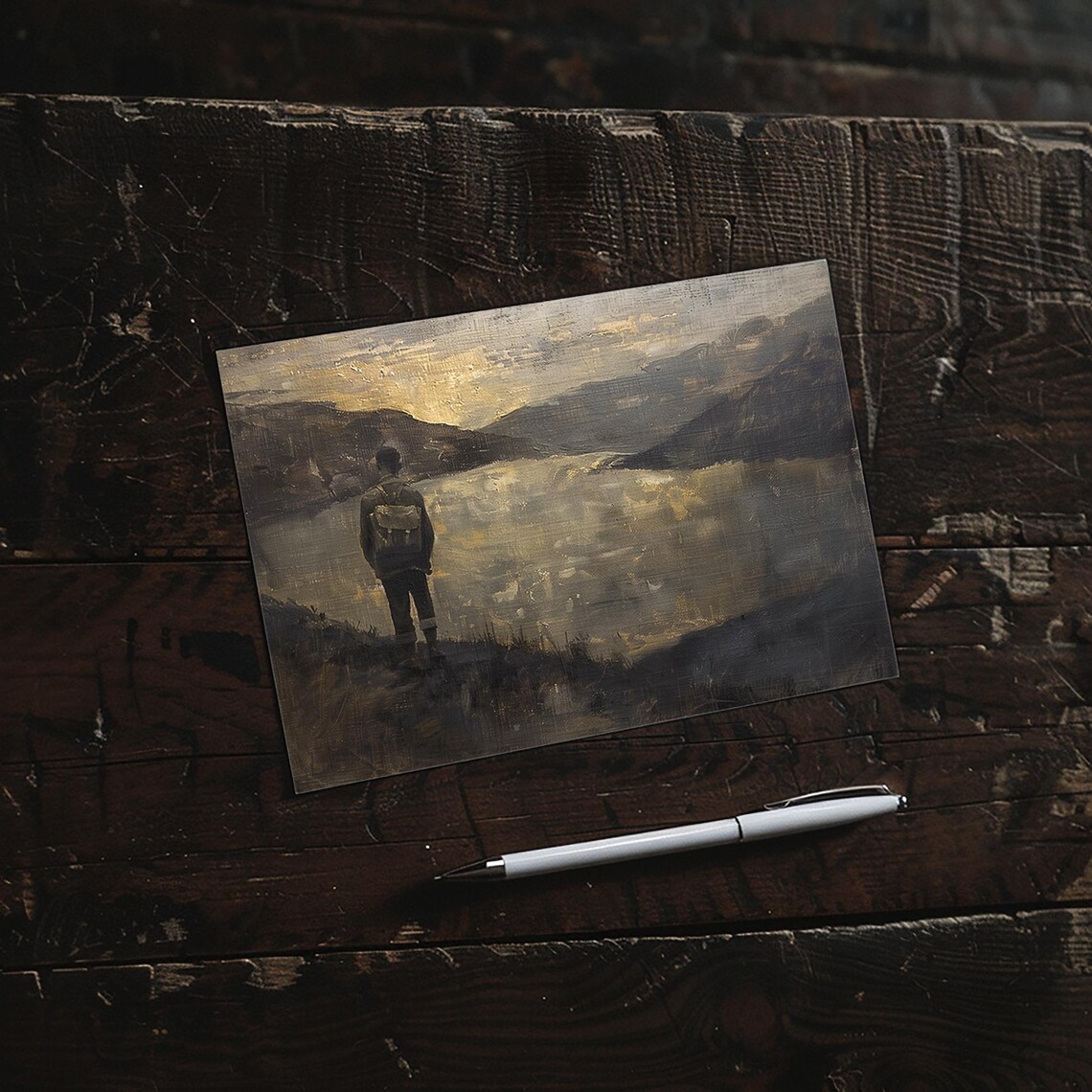 Lone Hiker Overlooking Misty Mountain Lake At Dusk Art Wall Poster - Image 3