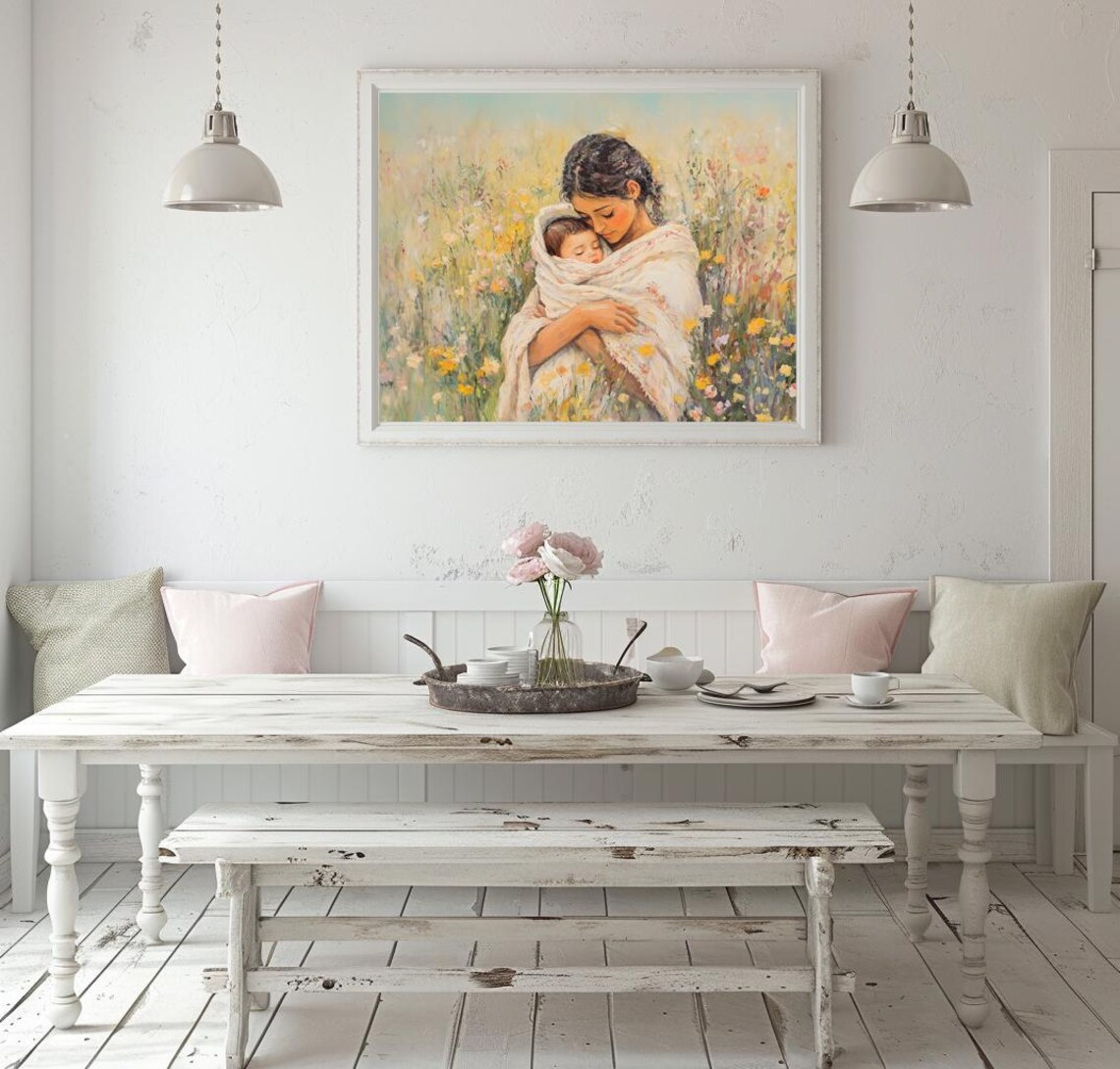 Mother Tenderly Holding Newborn in Wildflower Meadow Art Poster - Image 2