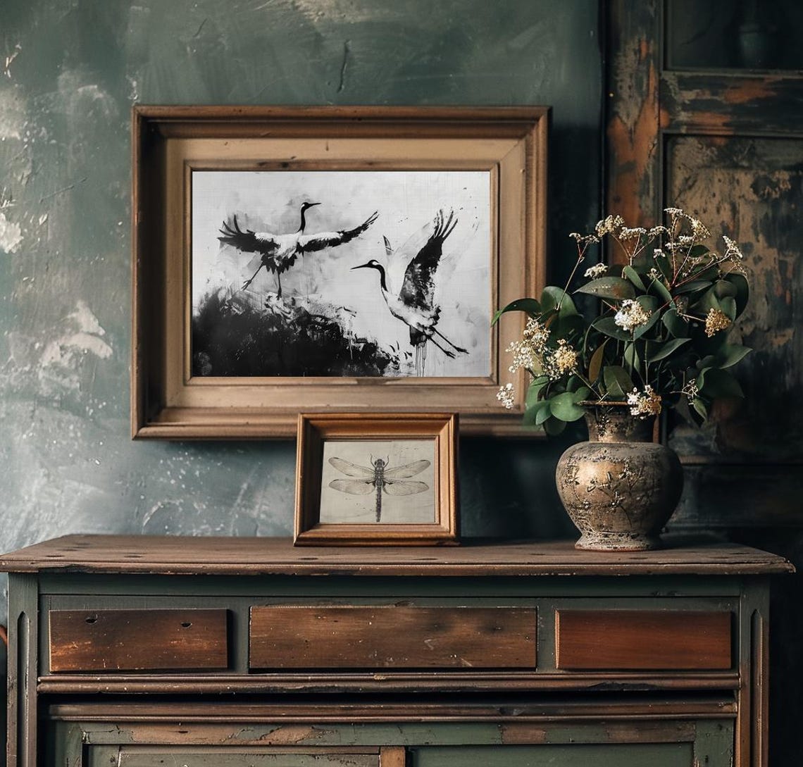 Two Cranes In Flight Black And White Ink Painting Art Poster - Image 2